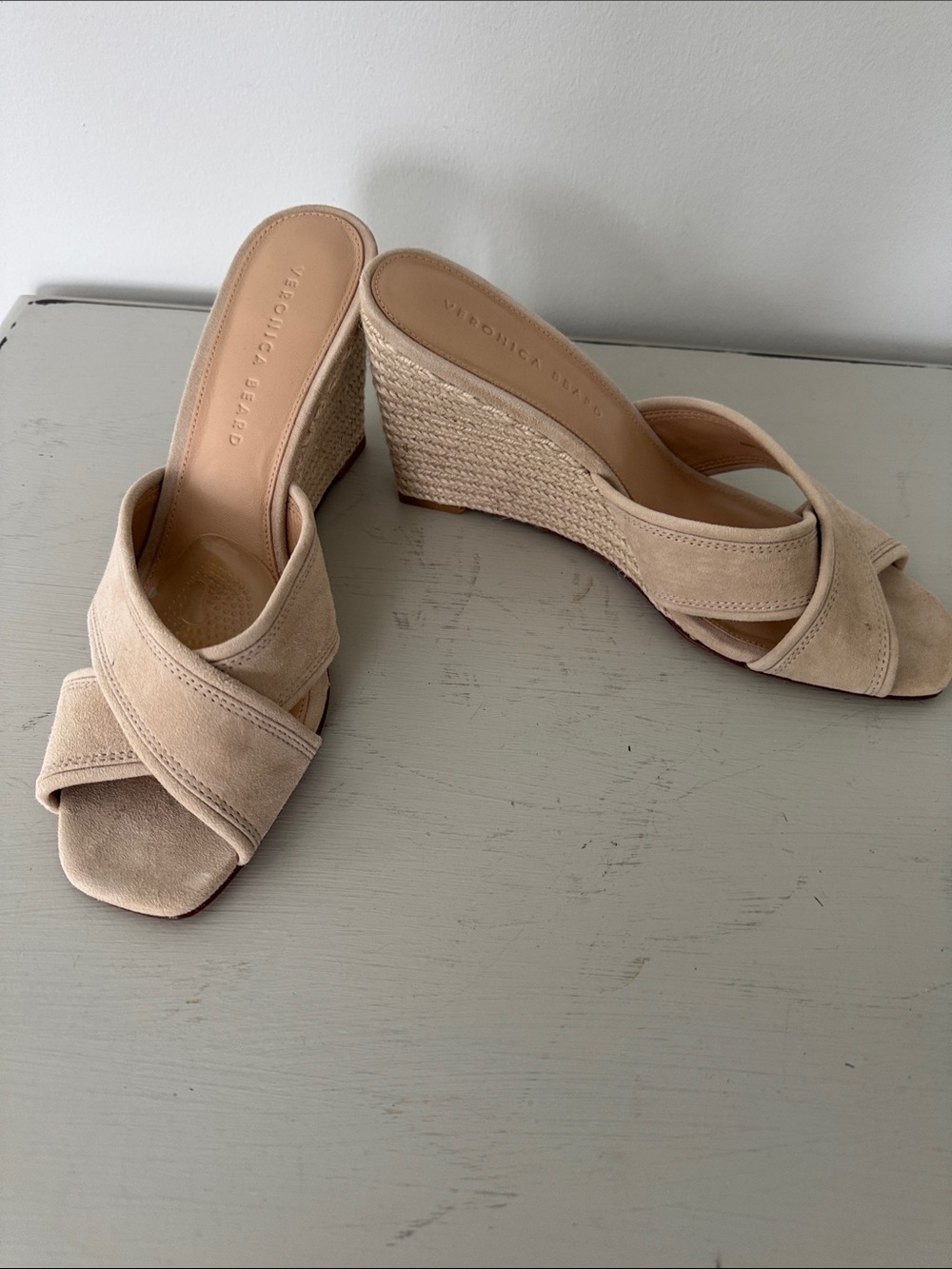 Veronica Beard Neutral Suede Crisscross Espadrille Wedge Sandals